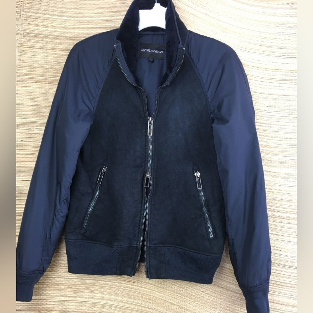 EMPORIO ARMANI Lamb Shearling Front Unisex Lightweight Bomber Jacket Navy Sz S - Picture 8 of 14